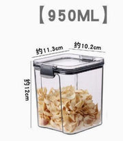 Clear storage container with food measurement details on a white background