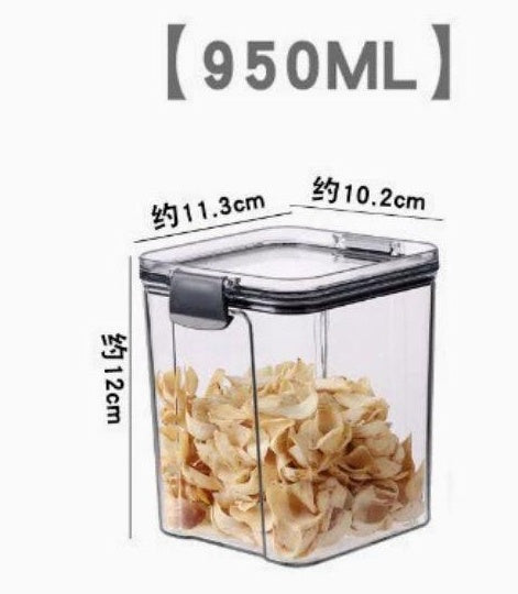 Clear storage container with food measurement details on a white background