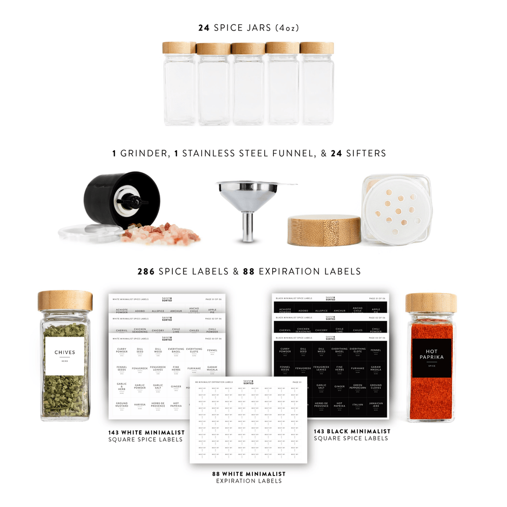 Glass Spice Jars with Bamboo Lids & Labels – 24 Pack