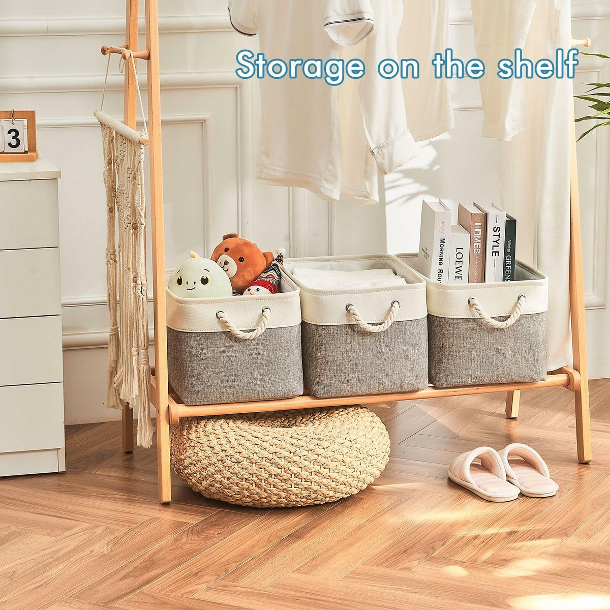 Storage baskets on a wooden shelf with books and toys in a room setting.